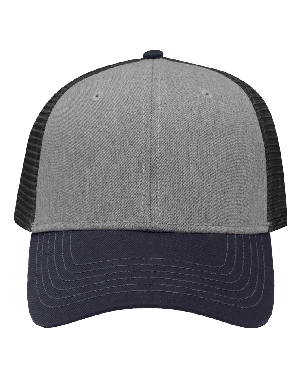 Front View of Heather Grey/ Charcoal/ Navy Traditional Lo-Pro Mesh Back Trucker Fit Cap - SP1450