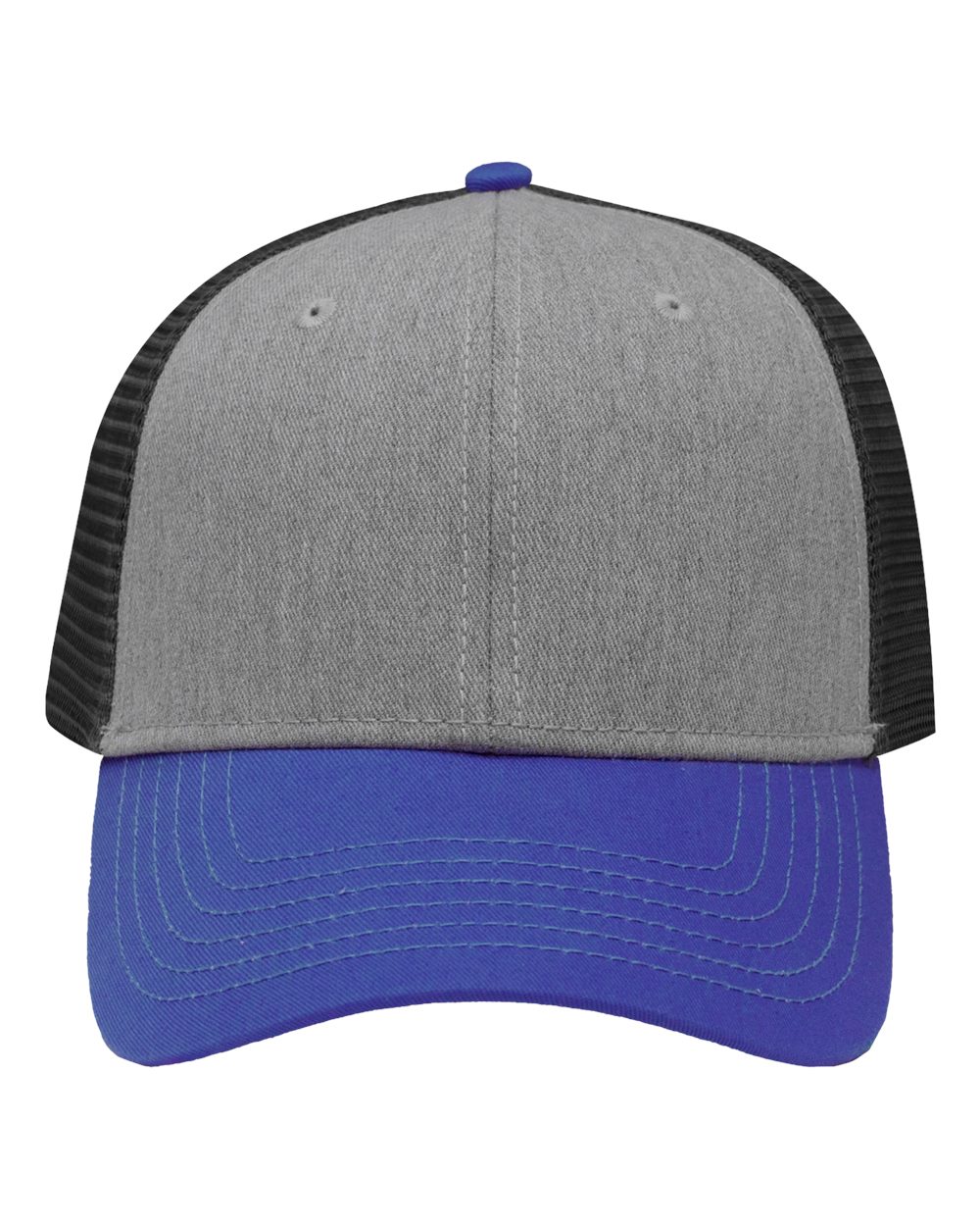 Front View of Heather Grey/ Charcoal/ Royal Traditional Lo-Pro Mesh Back Trucker Fit Cap - SP1450