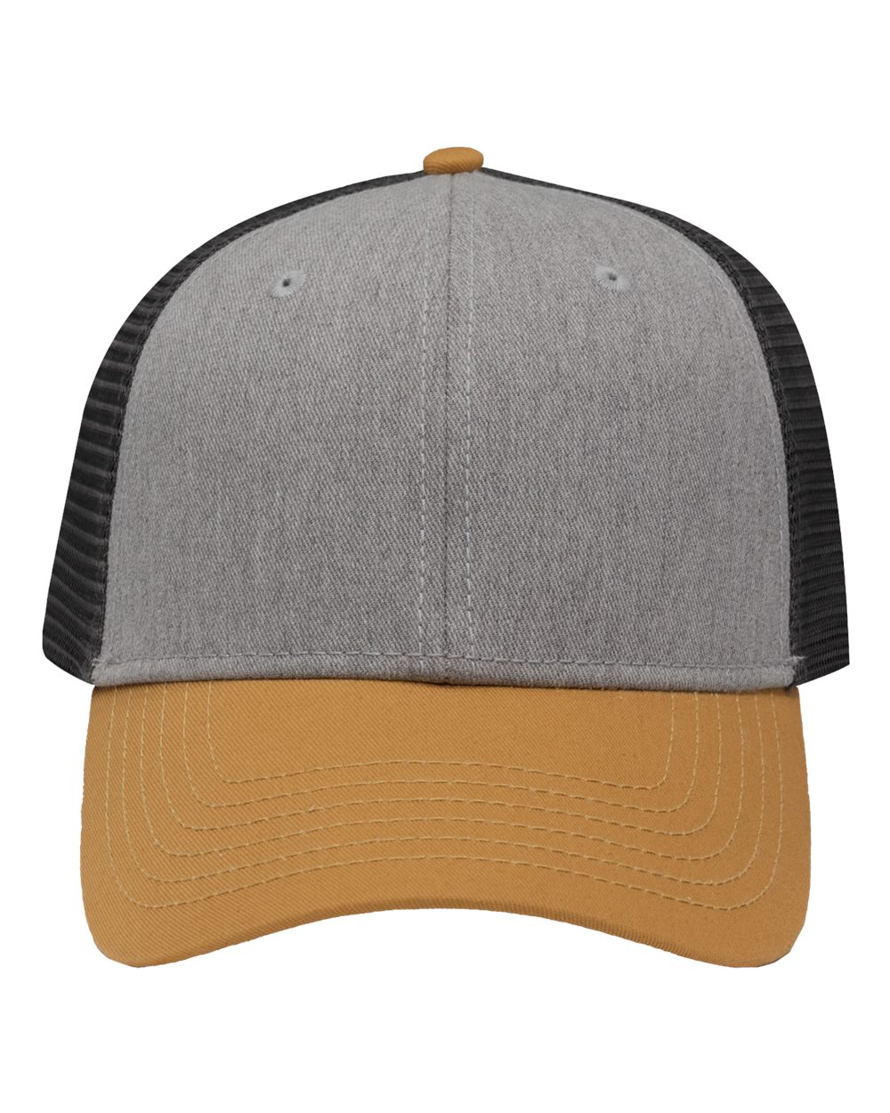 Front View of Heather Grey/ Charcoal/ Vegas Gold Traditional Lo-Pro Mesh Back Trucker Fit Cap - SP1450