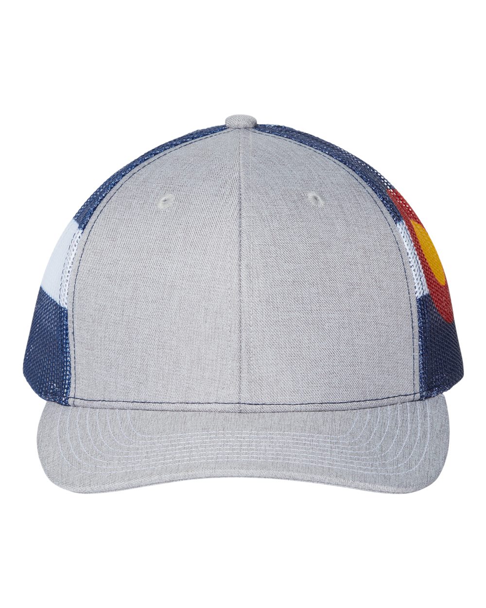 Front View of Heather Grey/ Colorado Flag Printed Mesh Trucker Cap - S700M