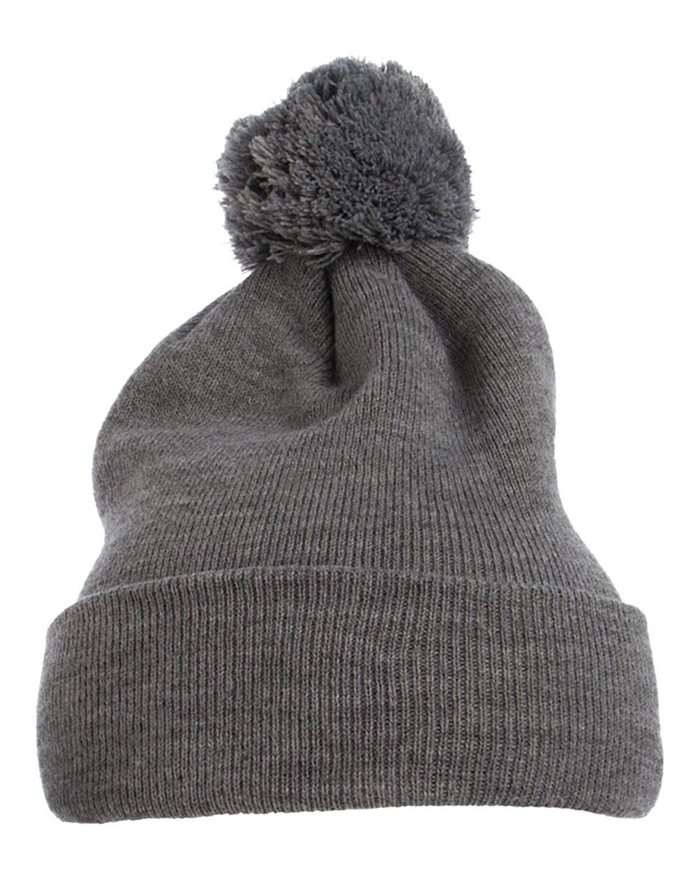 Front View of Heather Grey Cuff Knit Beanie w Pom - 1501P