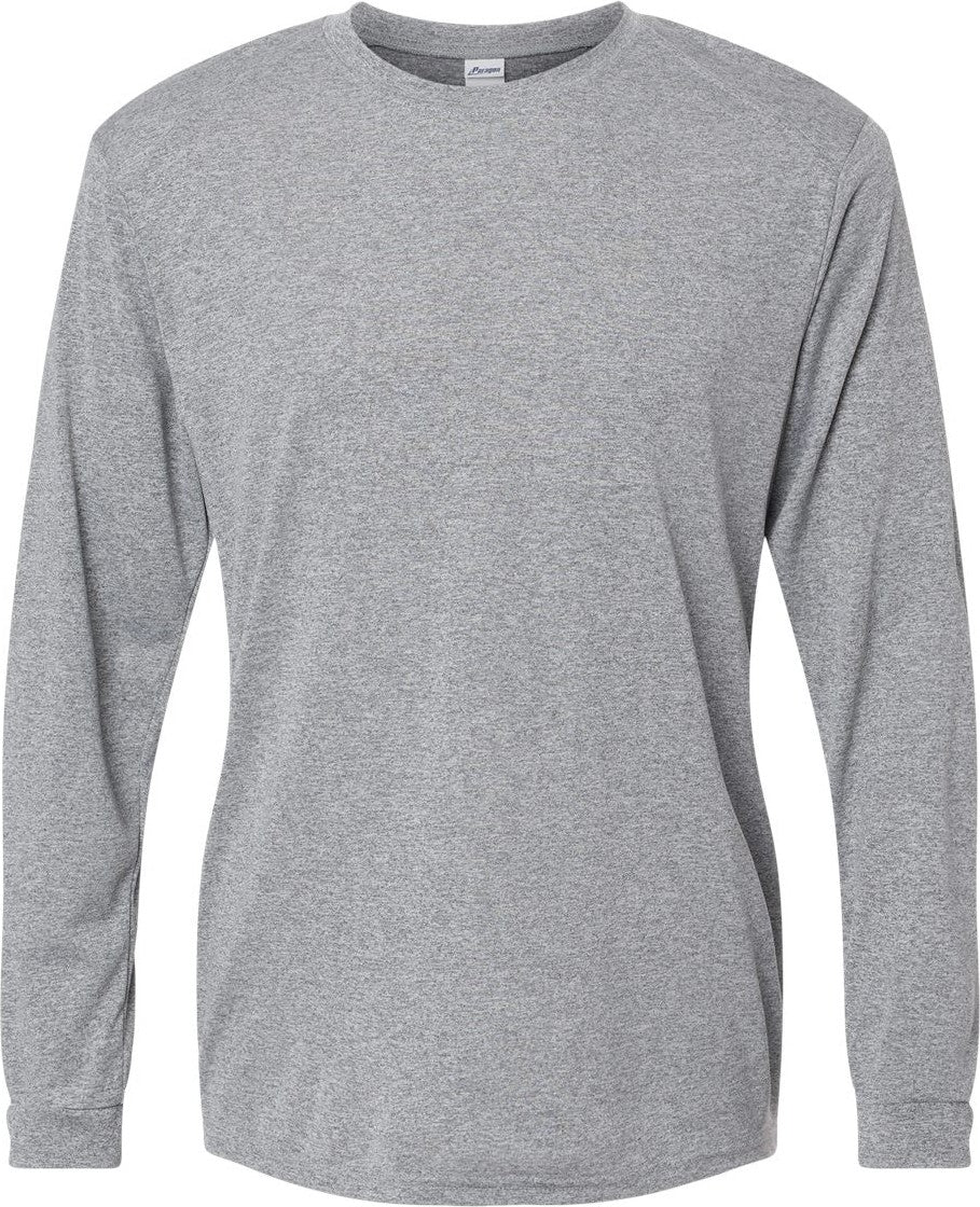 Front View of Heather Grey Long Islander Performance Long Sleeve T-Shirt - 210
