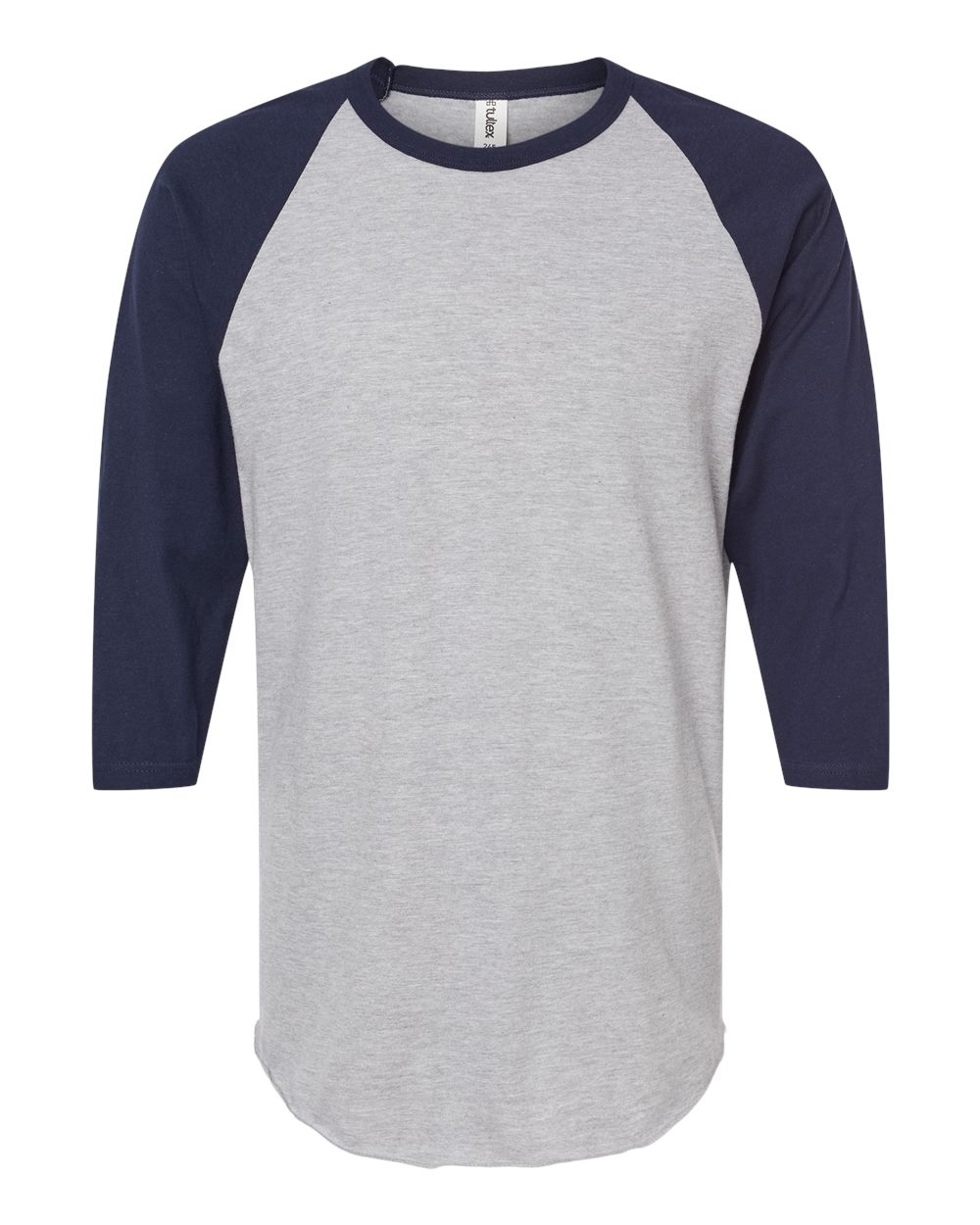 Front View of Heather Grey/ Navy Fine Jersey Raglan T-Shirt - 245
