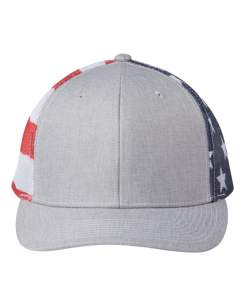 Front View of Heather Grey/ USA Flag Printed Mesh Trucker Cap - S700M