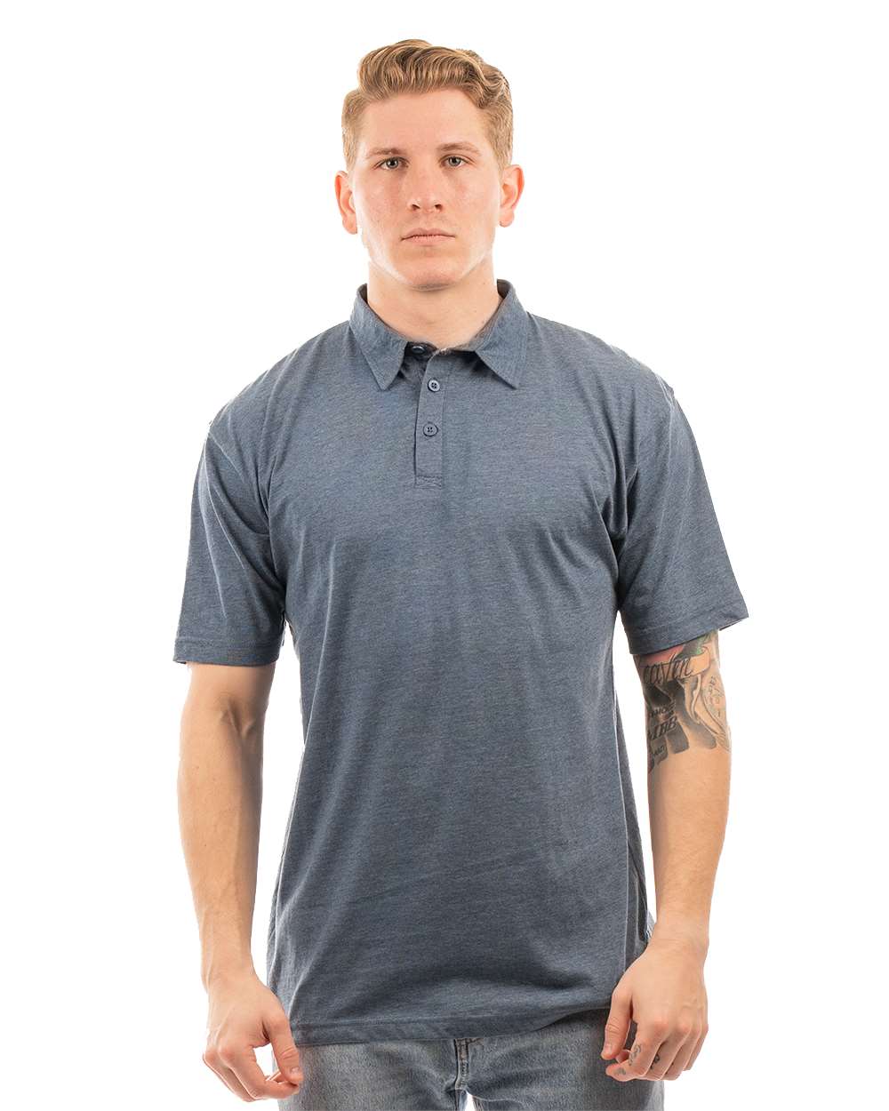 Front View of Heather Navy Fader Play Polo - 0800