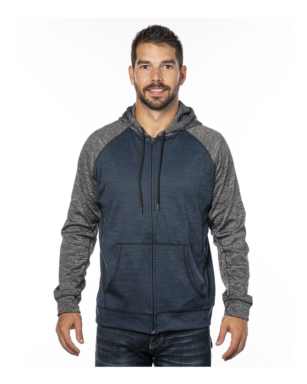 Front View of Heather Navy/ Heather Charcoal Performance Raglan Full-Zip Sweatshirt - 8660