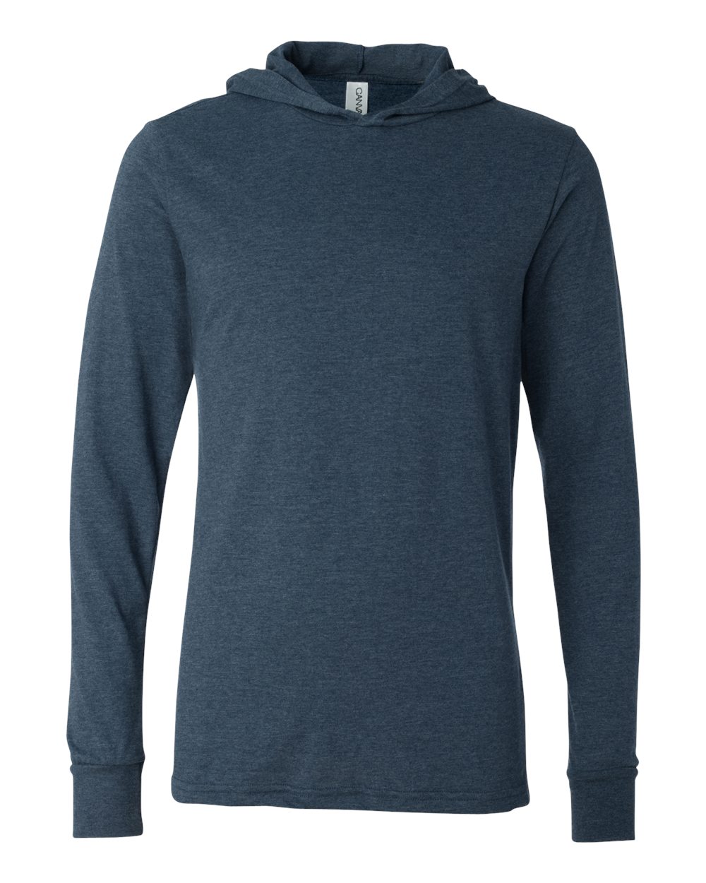 Front View of Heather Navy Jersey Hooded Long Sleeve Tee - 3512