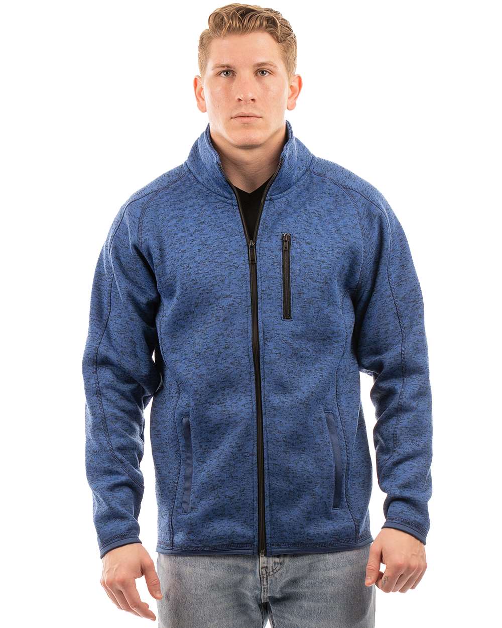 Front View of Heather Navy Sweater Knit Jacket - 3901