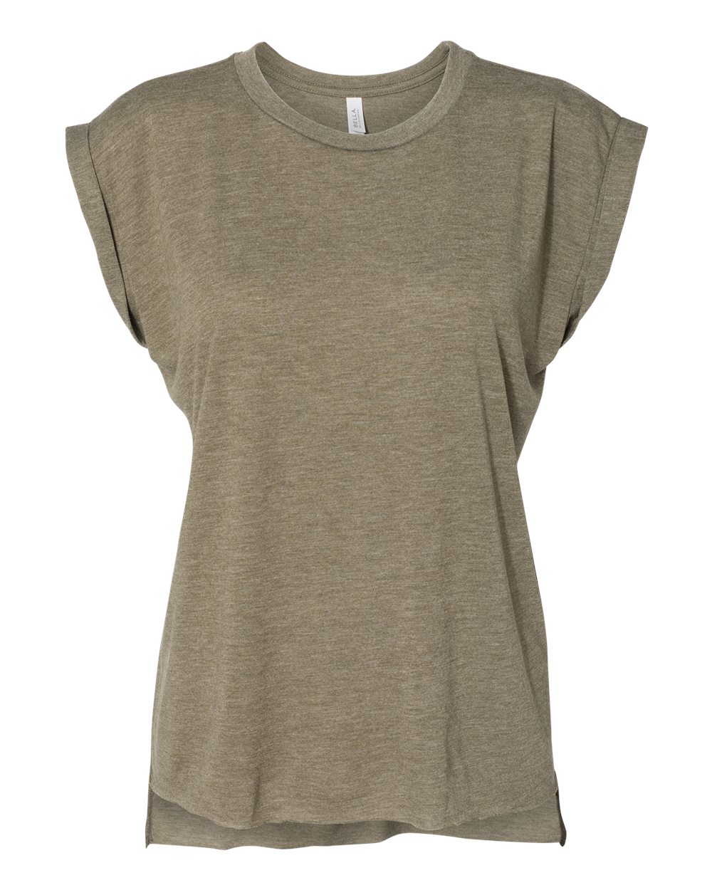 Front View of Heather Olive Women’s Flowy Rolled Cuffs Muscle Tee - 8804