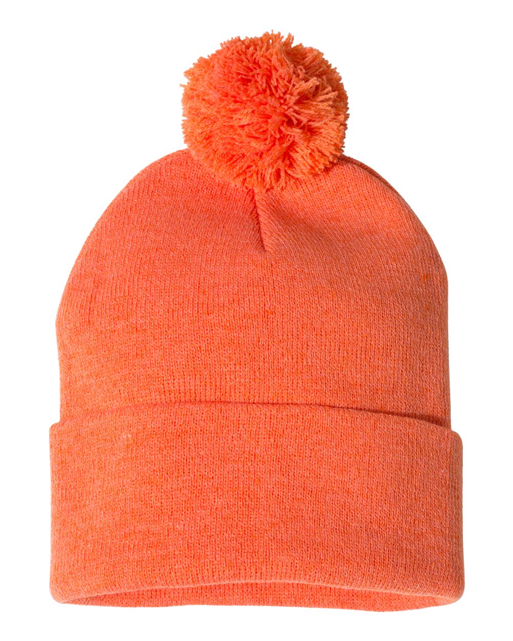 Front View of Heather Orange 12" Pom-Pom Cuffed Beanie - SP15
