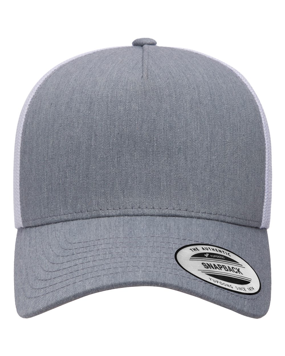 Front View of Heather/ White Five-Panel Retro Trucker Cap - 6506