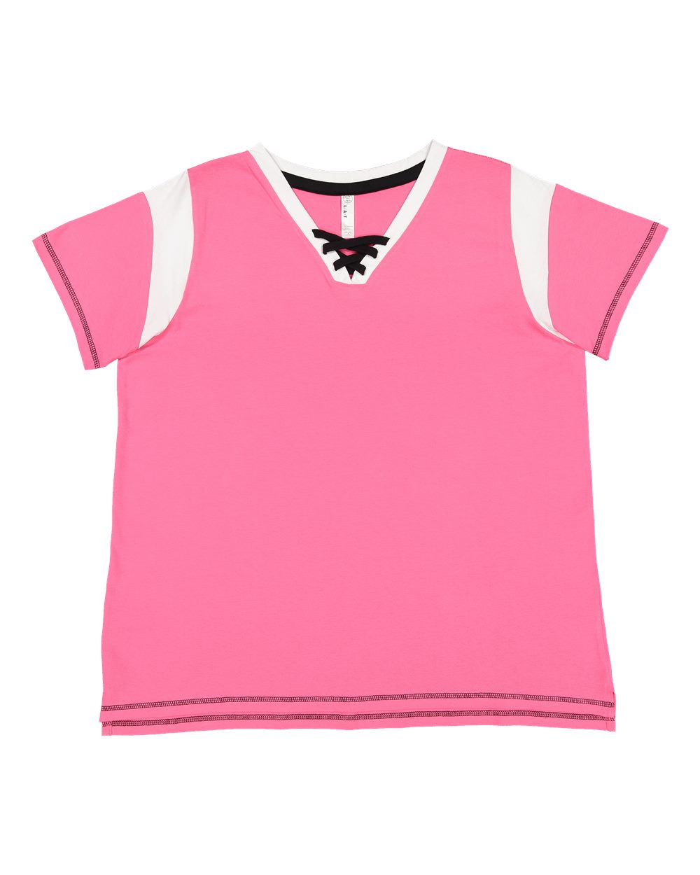 Front View of Hot Pink/ White/ Black Women's Curvy Lace Up Fine Jersey Tee - 3833