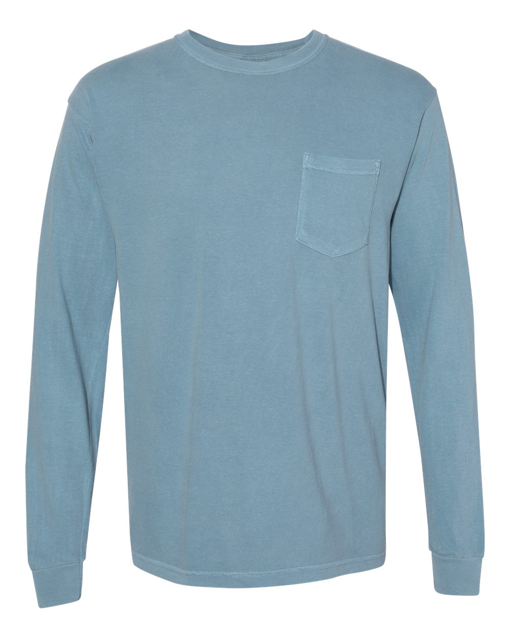 Front View of Ice Blue Garment-Dyed Heavyweight Long Sleeve Pocket T-Shirt - 4410