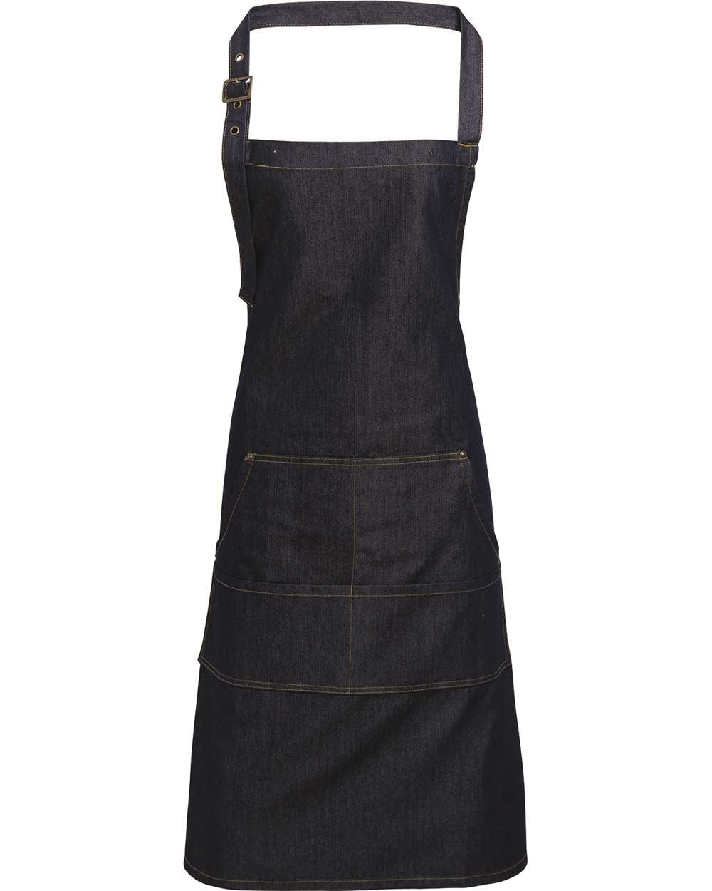 Front View of Indigo Denim Jeans Stitch Denim Bib Apron with Pockets - RP126