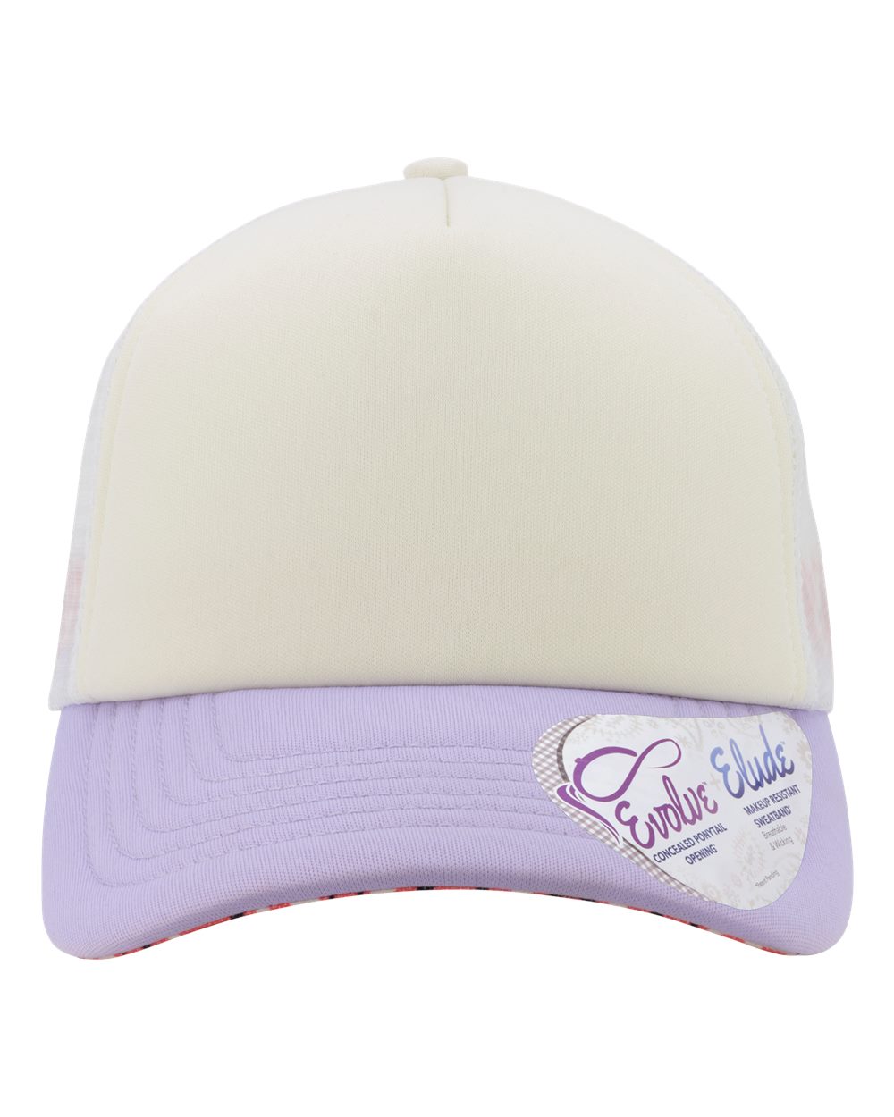 Front View of Ivory/ Lavender/ White/ Smiley Women's Foam Trucker Cap - ROSIE