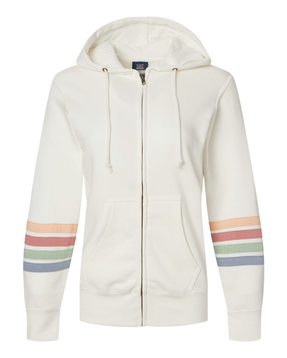 Front View of Ivory Women's Striped Sleeves Full-Zip Hooded Sweatshirt - W22732