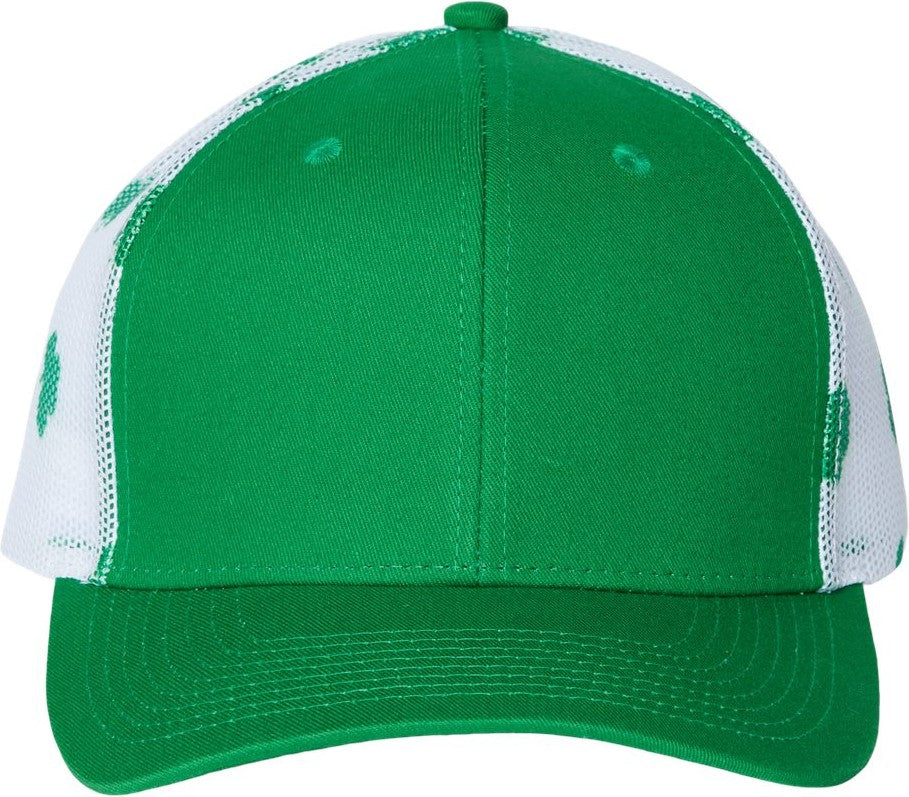 Front View of Kelly Green/ White/ Clover Printed Mesh Trucker Cap - S700M