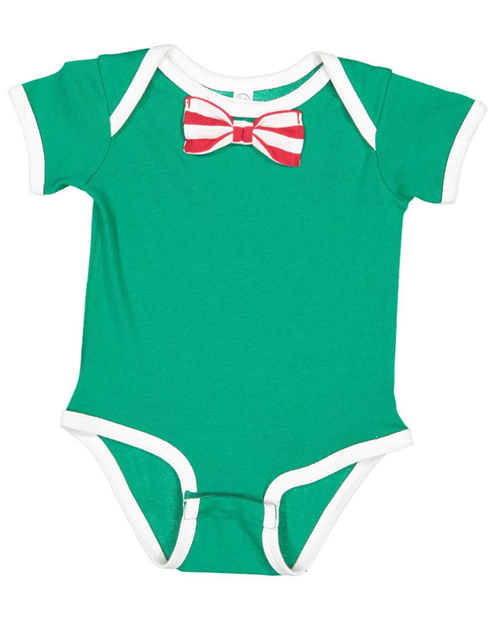 Front View of Kelly/ White/ Red-White Stripe Baby Rib Infant Bow Tie Bodysuit - 4407