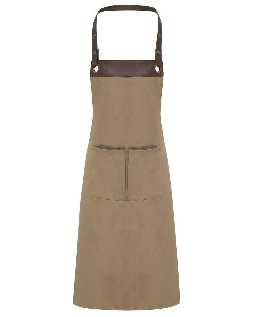 Front View of Khaki/ Brown Espresso Bib Apron with Pocket - RP123