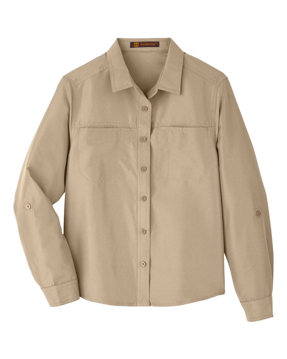 Front View of Khaki Women's Key West Long Sleeve Performance Staff Shirt - M580LW