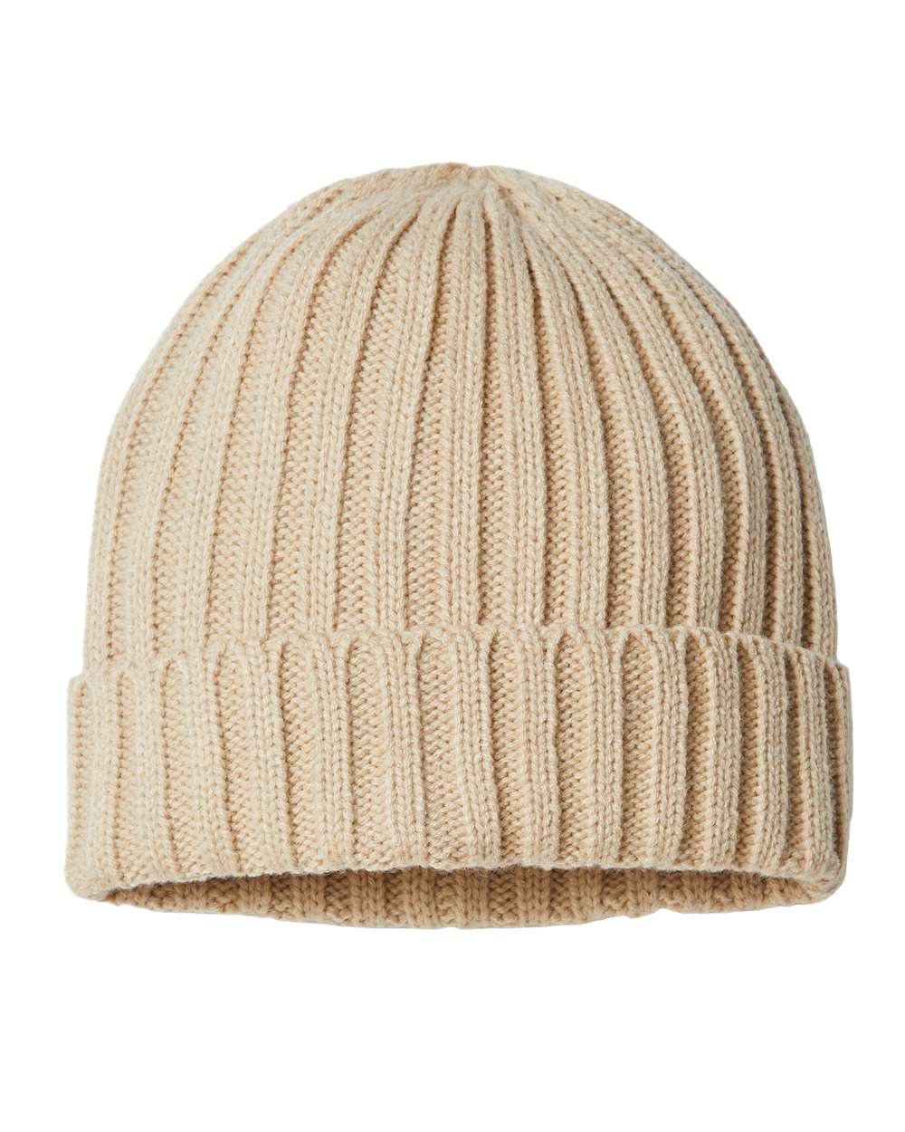 Front View of Light Beige Sustainable Cable Knit Cuffed Beanie - SHORE