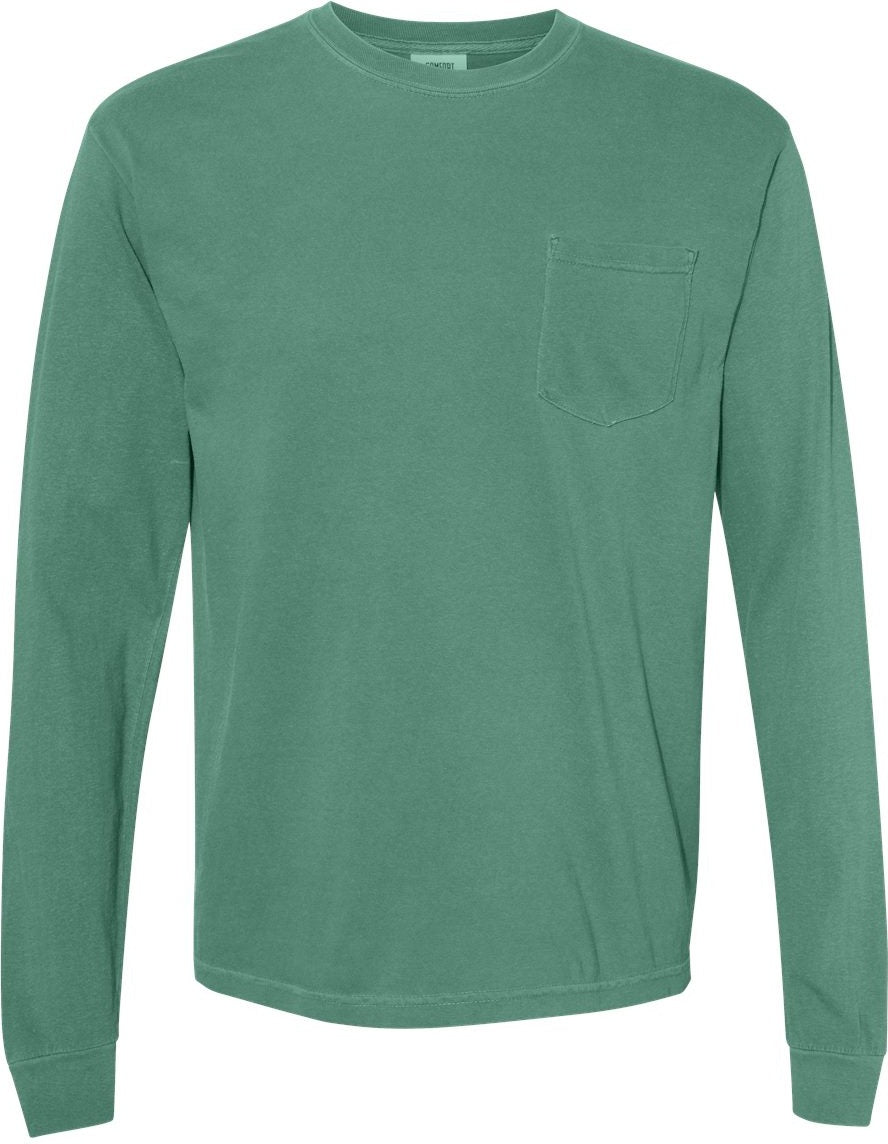 Front View of Light Green Garment-Dyed Heavyweight Long Sleeve Pocket T-Shirt - 4410
