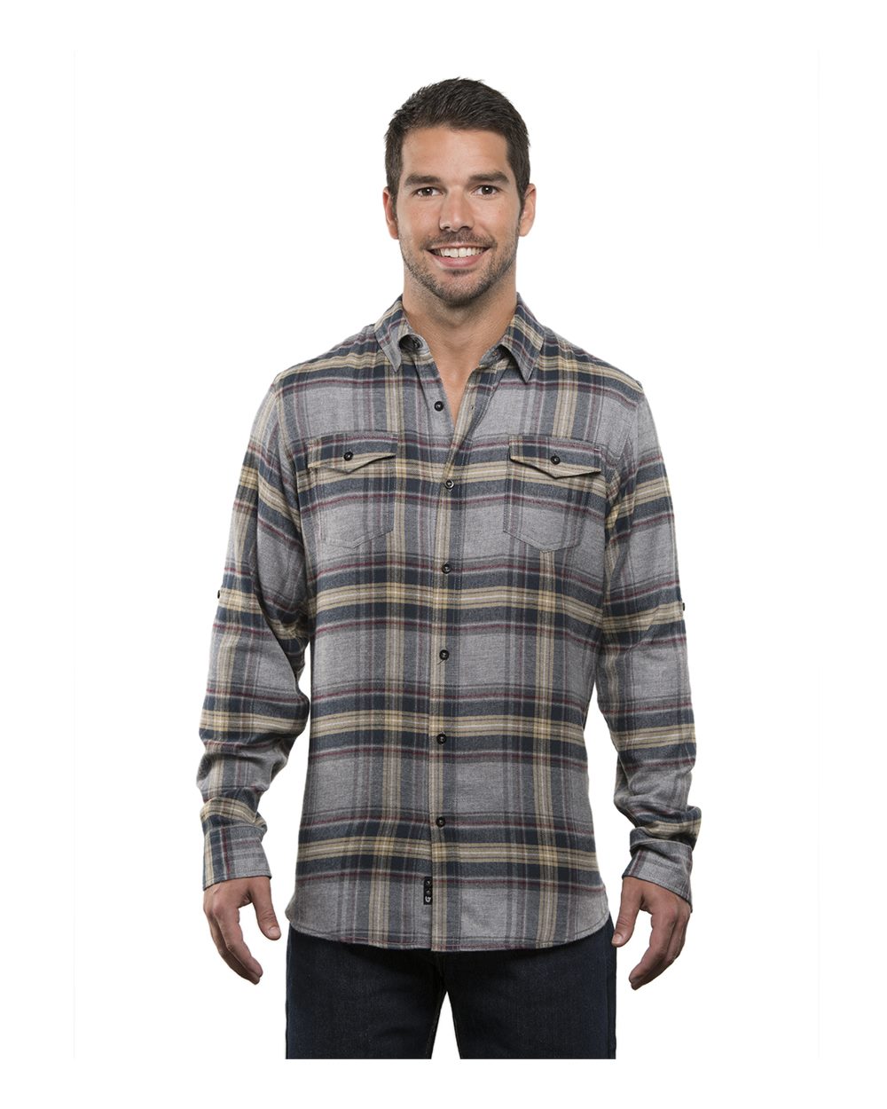 Front View of Light Grey Yarn-Dyed Flannel Shirt - 8210
