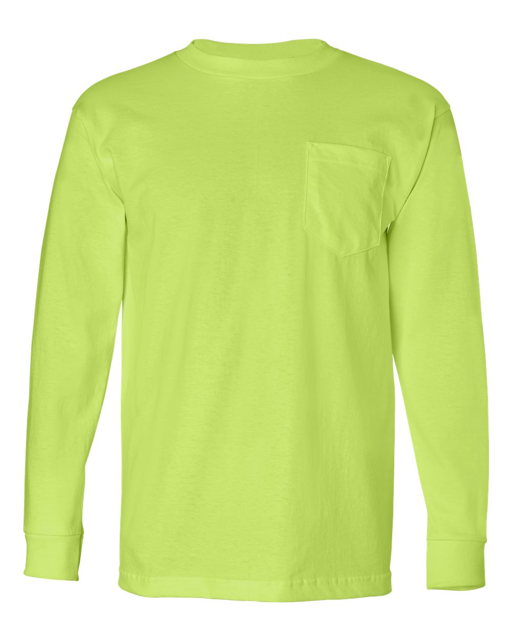 Front View of Lime Green USA-Made Long Sleeve Pocket T-Shirt - 8100