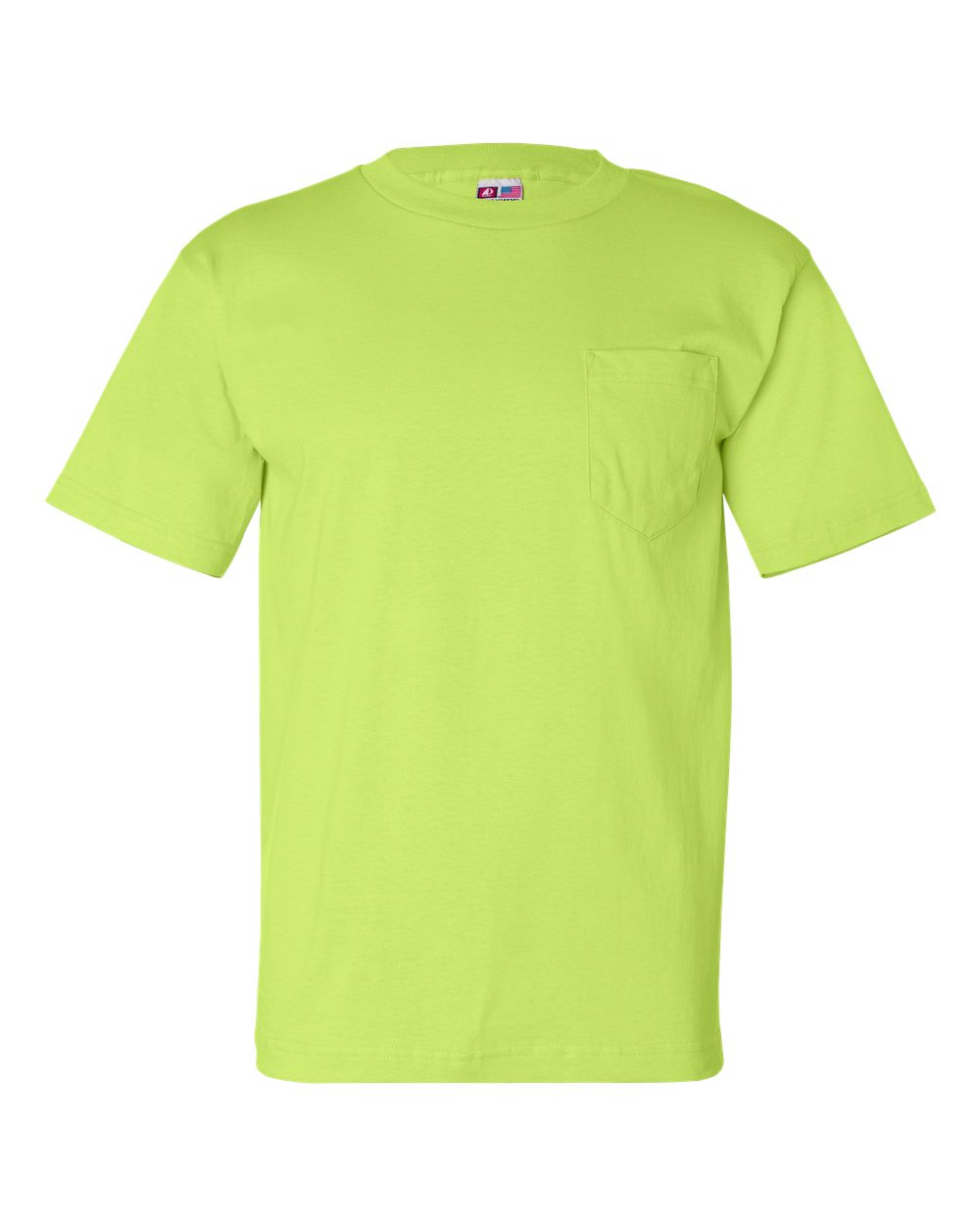 Front View of Lime Green USA-Made Pocket T-Shirt - 7100