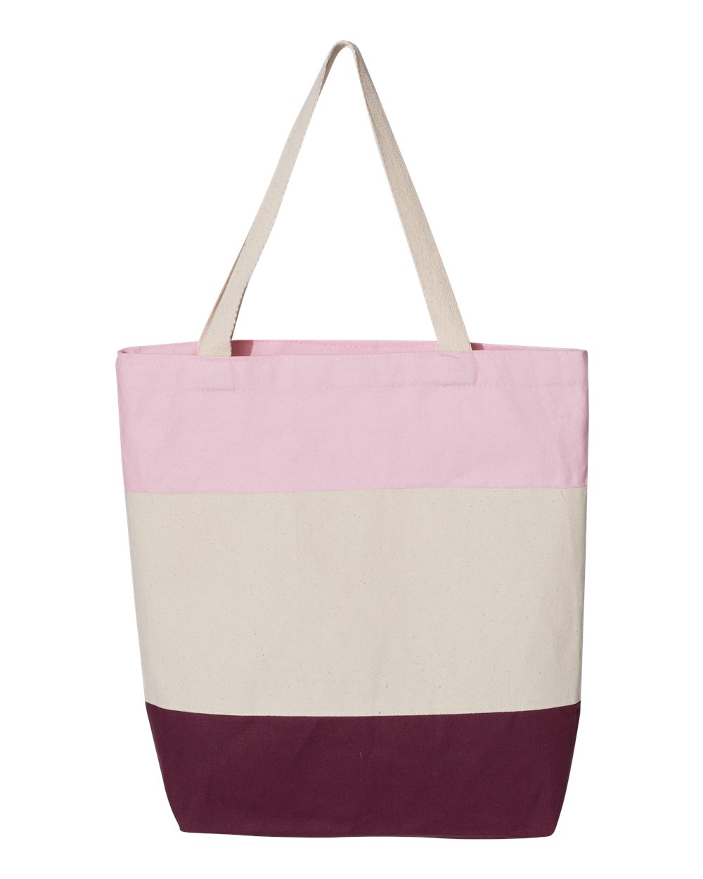Front View of Maroon/ Natural/ Light Pink 11L Tri-Color Tote - Q125900