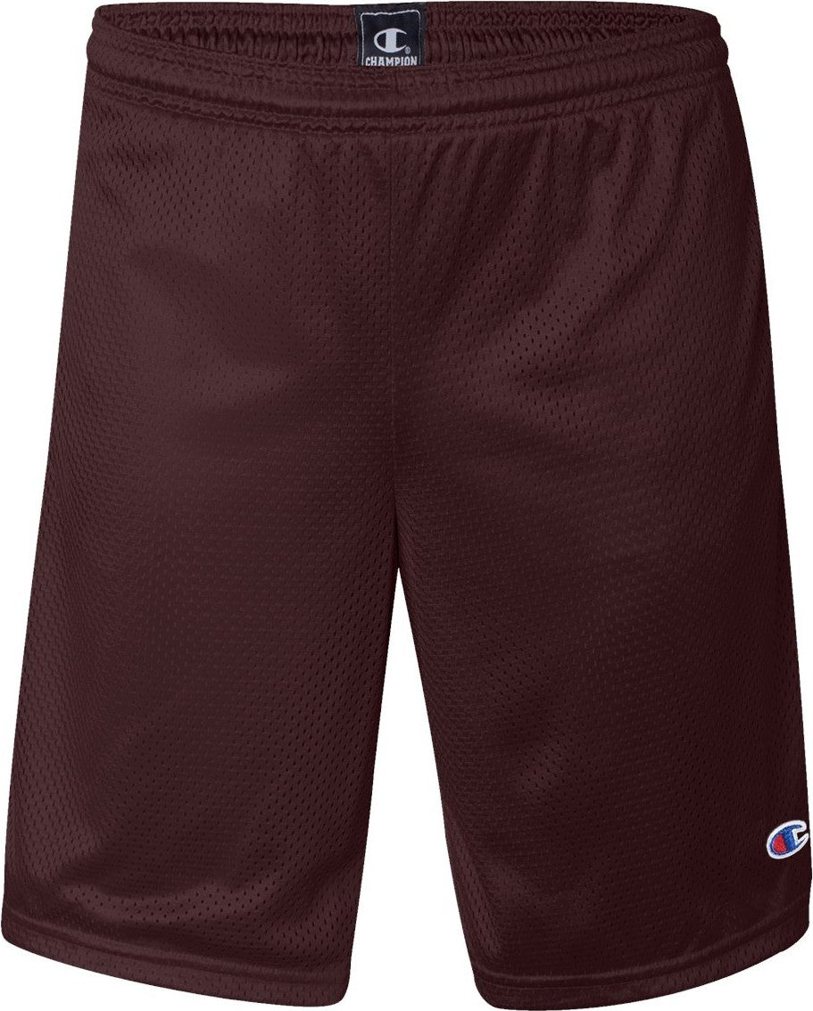 Front View of Maroon Polyester Mesh 9" Shorts with Pockets - S162
