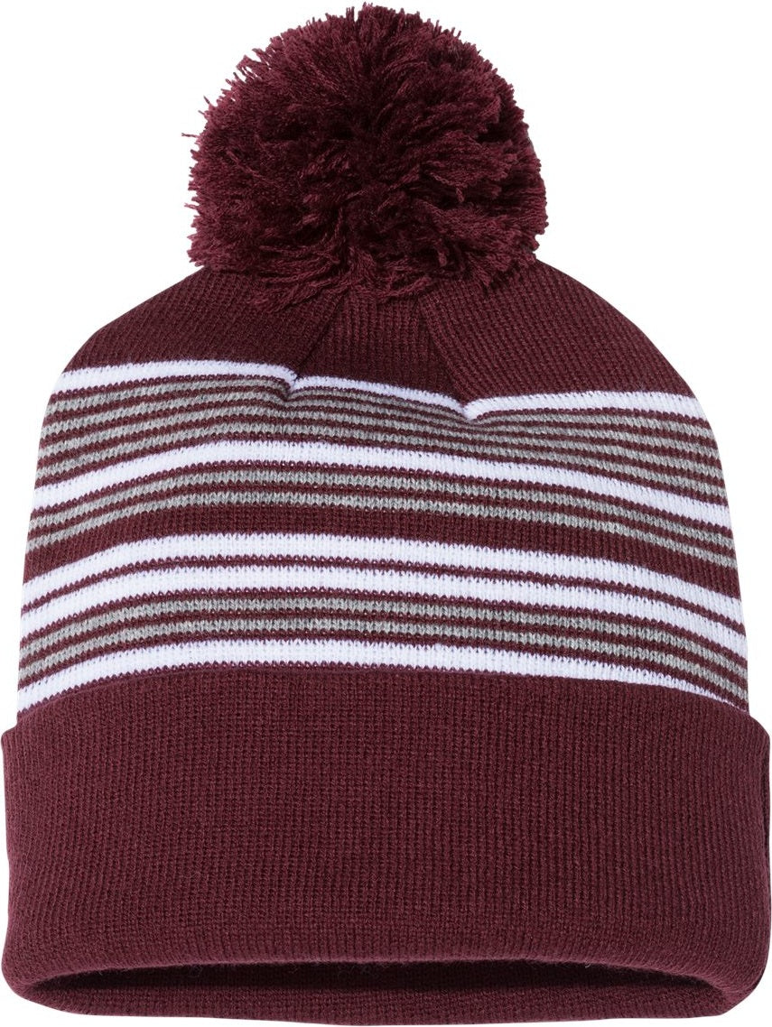 Front View of Maroon/ White/ Grey 12" Striped Pom-Pom Cuffed Beanie - SP60