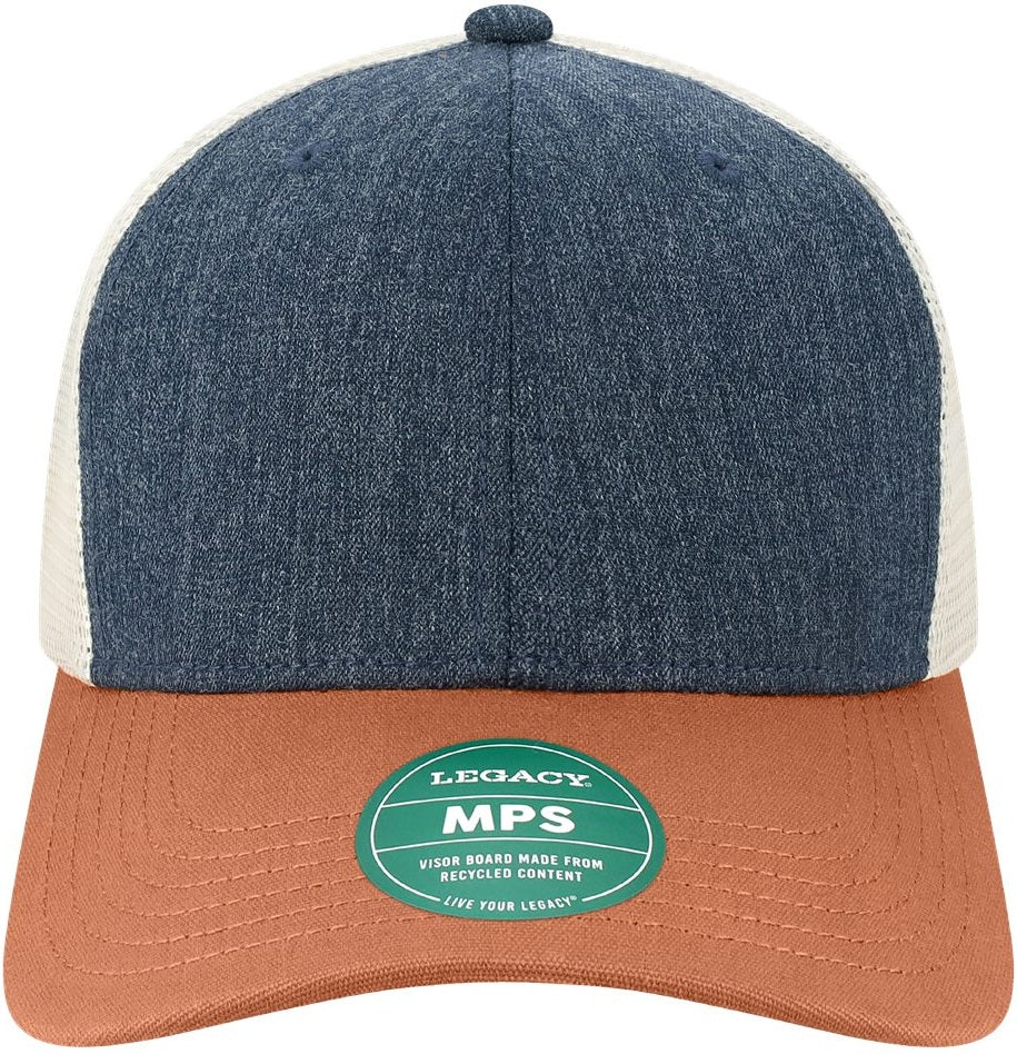 Front View of Melange Navy/ Bronze/ Stone Mid-Pro Snapback Trucker Cap - MPS