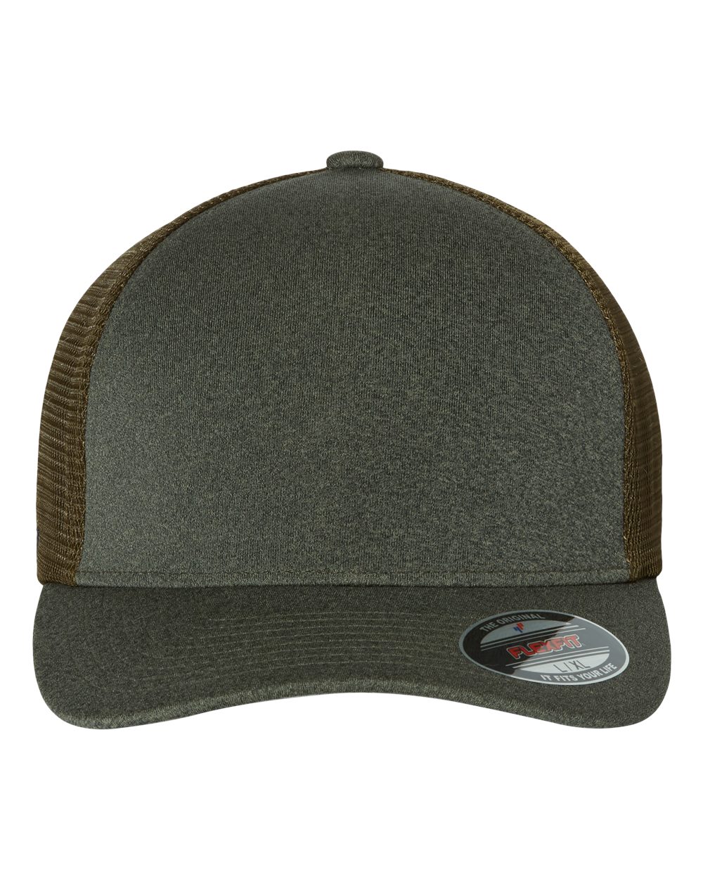 Front View of Melange Olive Unipanel™ Trucker Cap - 5511UP