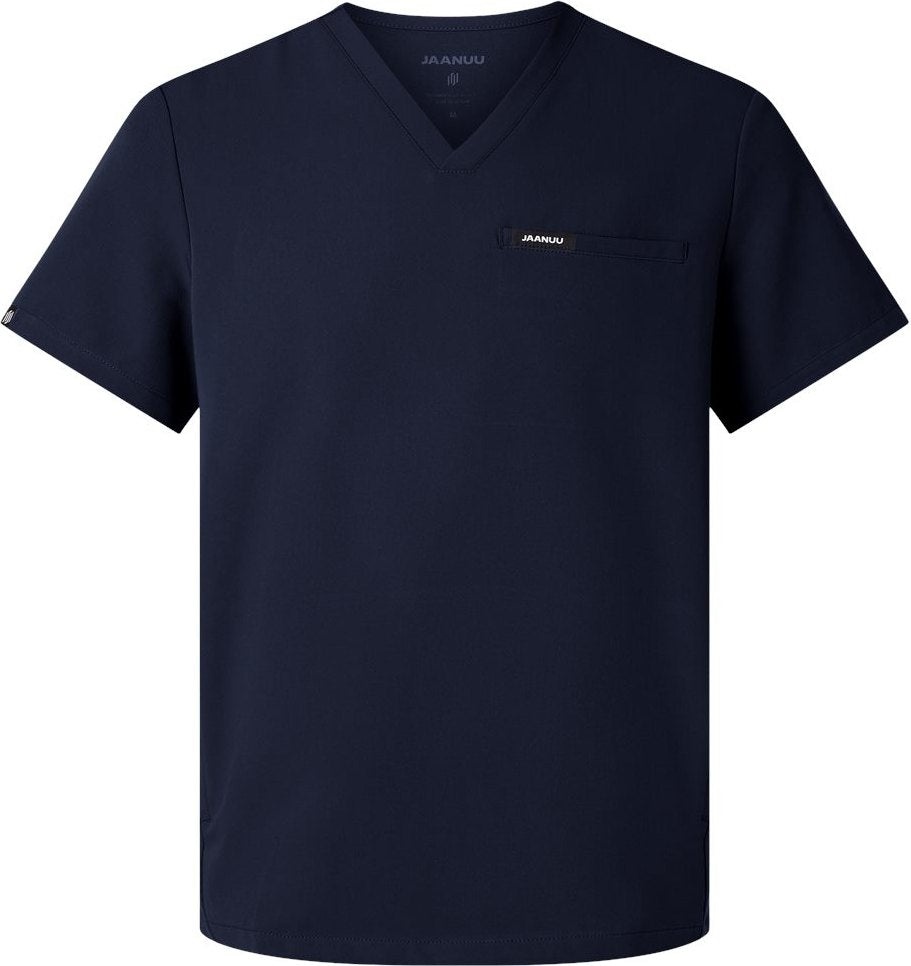 Front View of Midnight Navy Platt 3-Pocket Scrub V-Neck Top - M10002