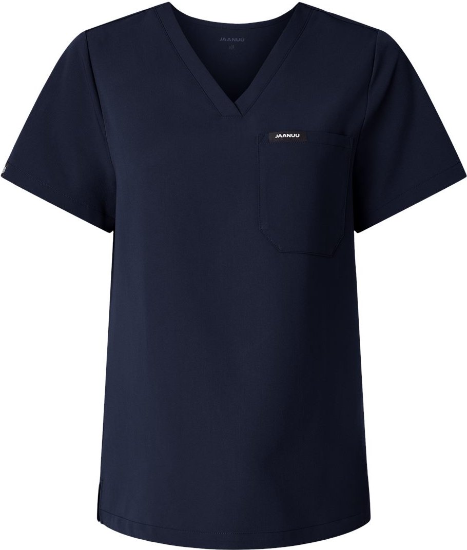 Front View of Midnight Navy Women's Rhena Essential 1-Pocket Scrub V-Neck Top - W10001