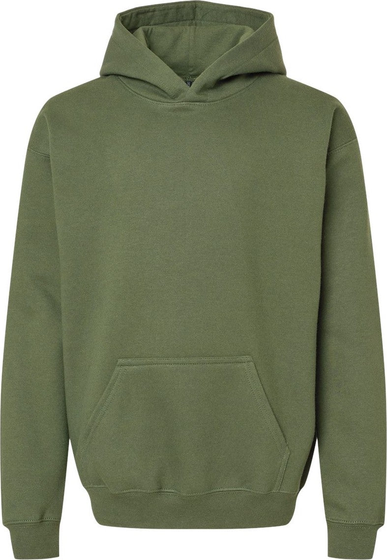 Front View of Military Green Softstyle® Youth Midweight Hooded Sweatshirt - SF500B