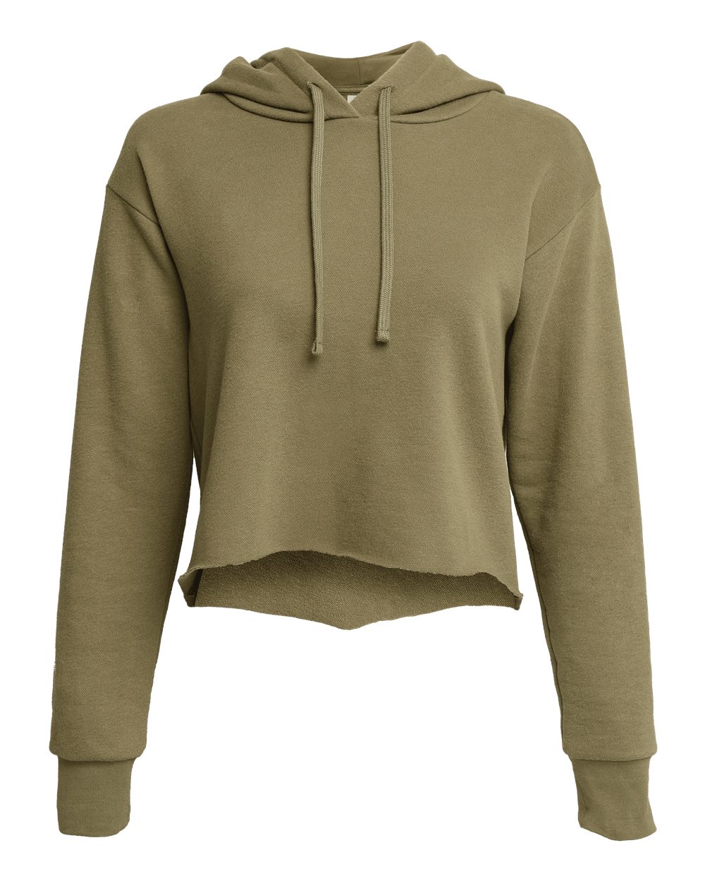 Front View of Military Green Women's Laguna Sueded Raw Edge Crop Hoodie - 9384