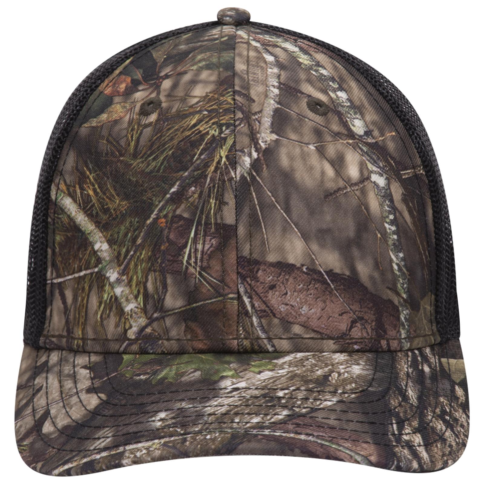 Front View of MO203 - Break Up Country/Blk OTTO CAP Mossy Oak Camouflage 6 Panel Low Profile Mesh Back Trucker Hat