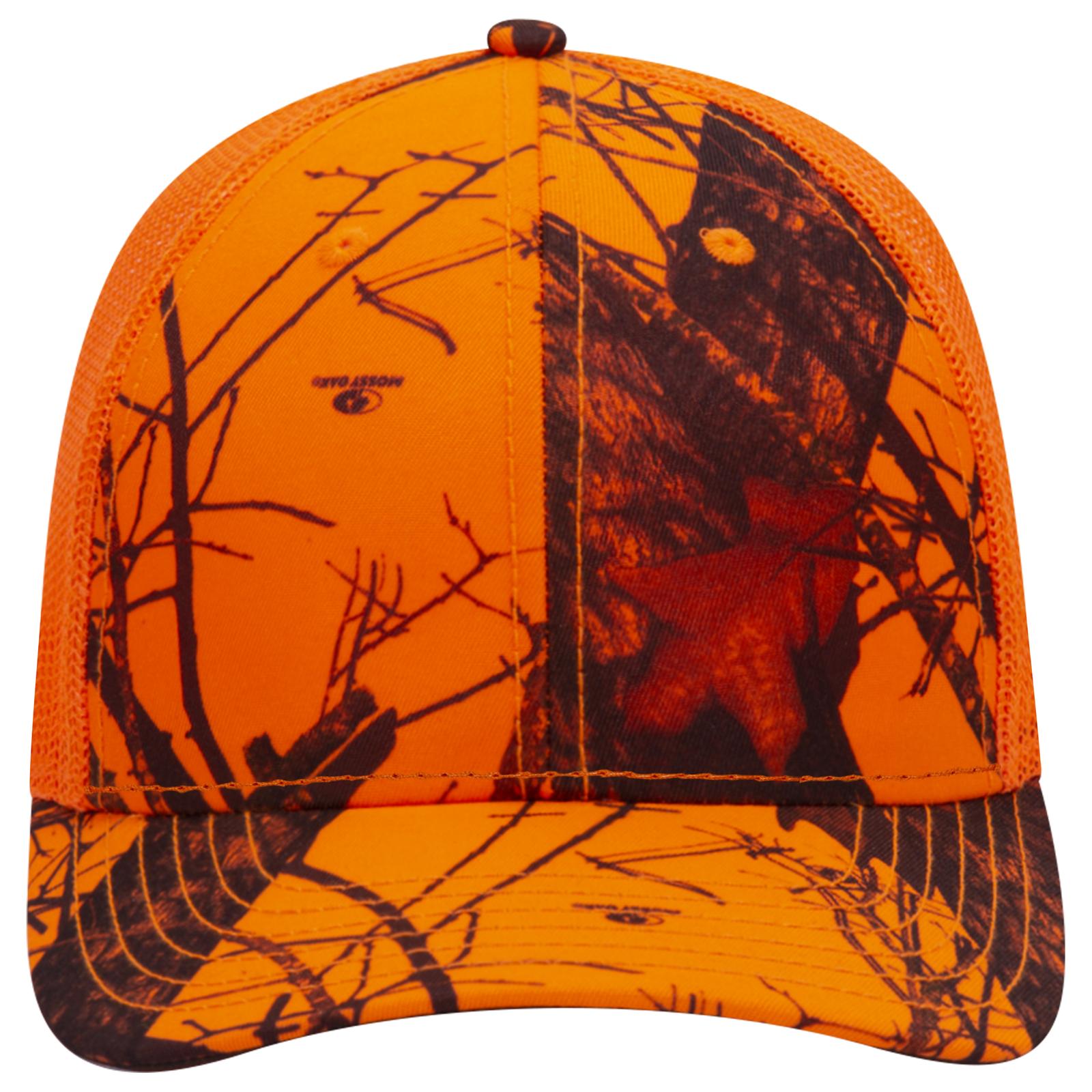 Front View of MO609 - Blaze/N.Org OTTO CAP Mossy Oak Camouflage 6 Panel Low Profile Mesh Back Trucker Hat