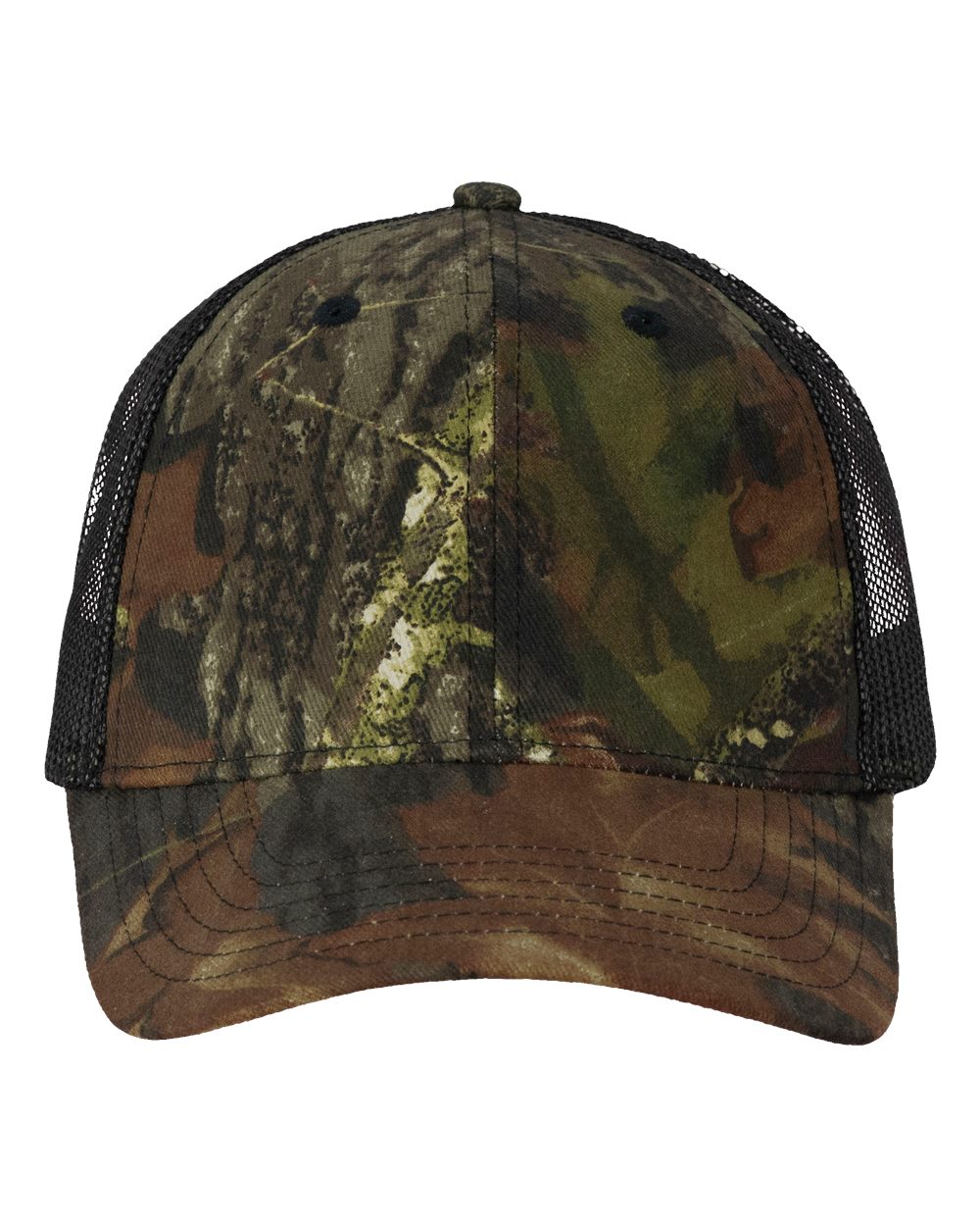 Front View of Mossy Oak Breakup/ Black Mesh Licensed Camo Mesh Cap - VC150M