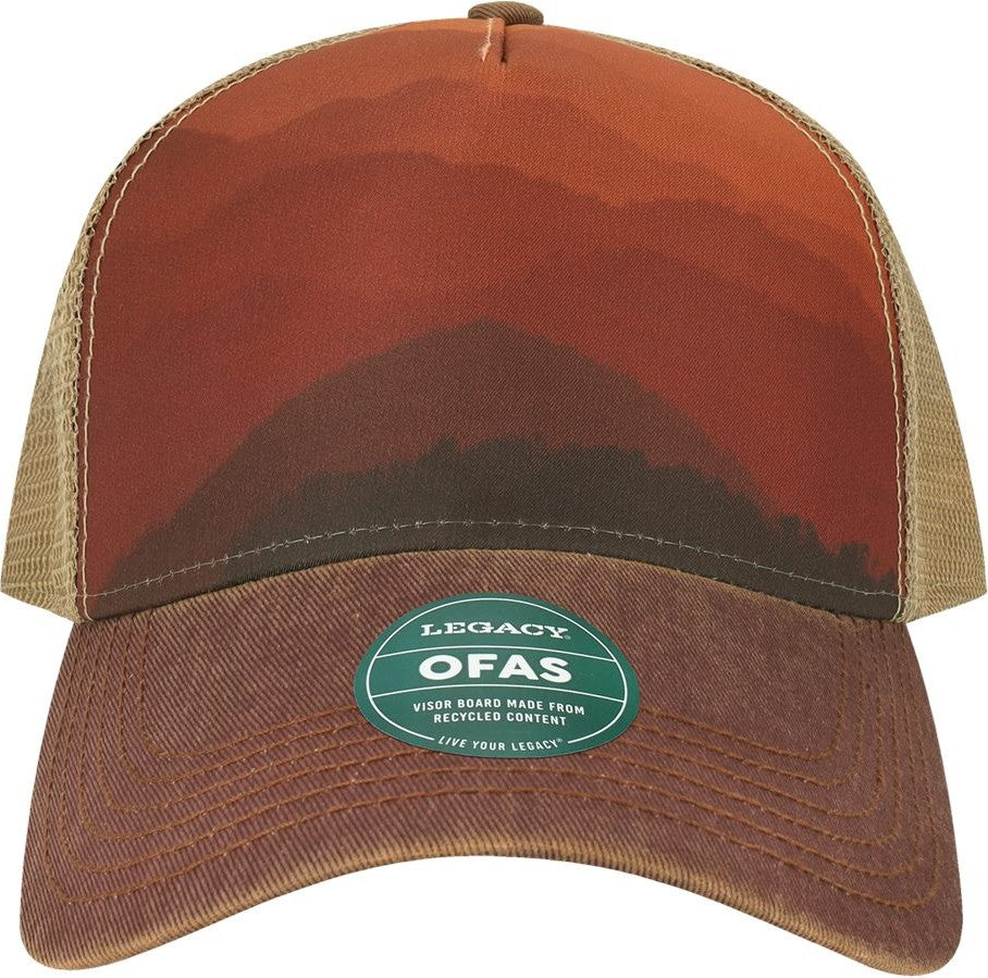 Front View of Mt Sunset/ Maroon/ Khaki Old Favorite Five-Panel Trucker Cap - OFAFP