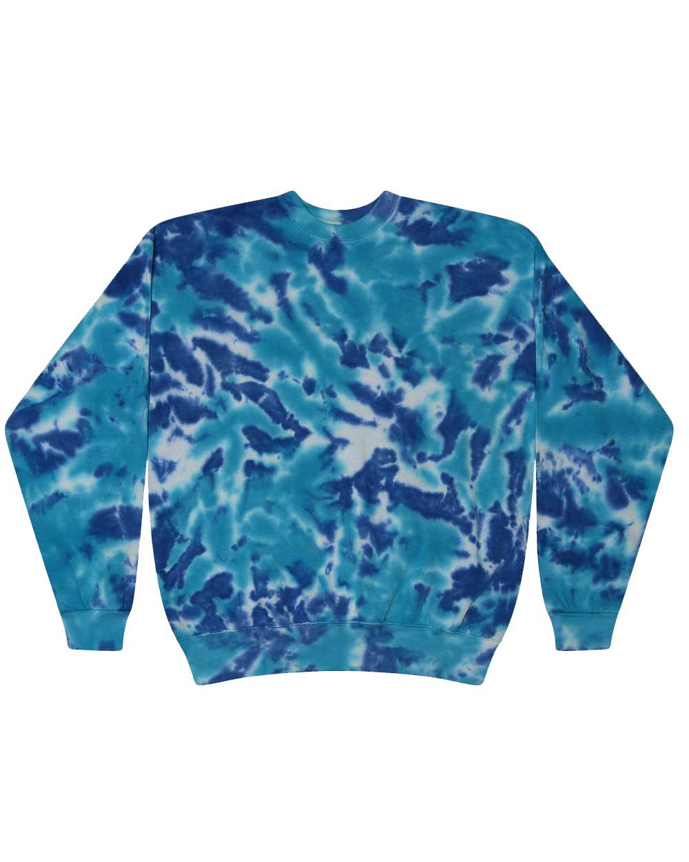 Front View of Multi Blue Tie-Dyed Fleece Crewneck Sweatshirt - 8100