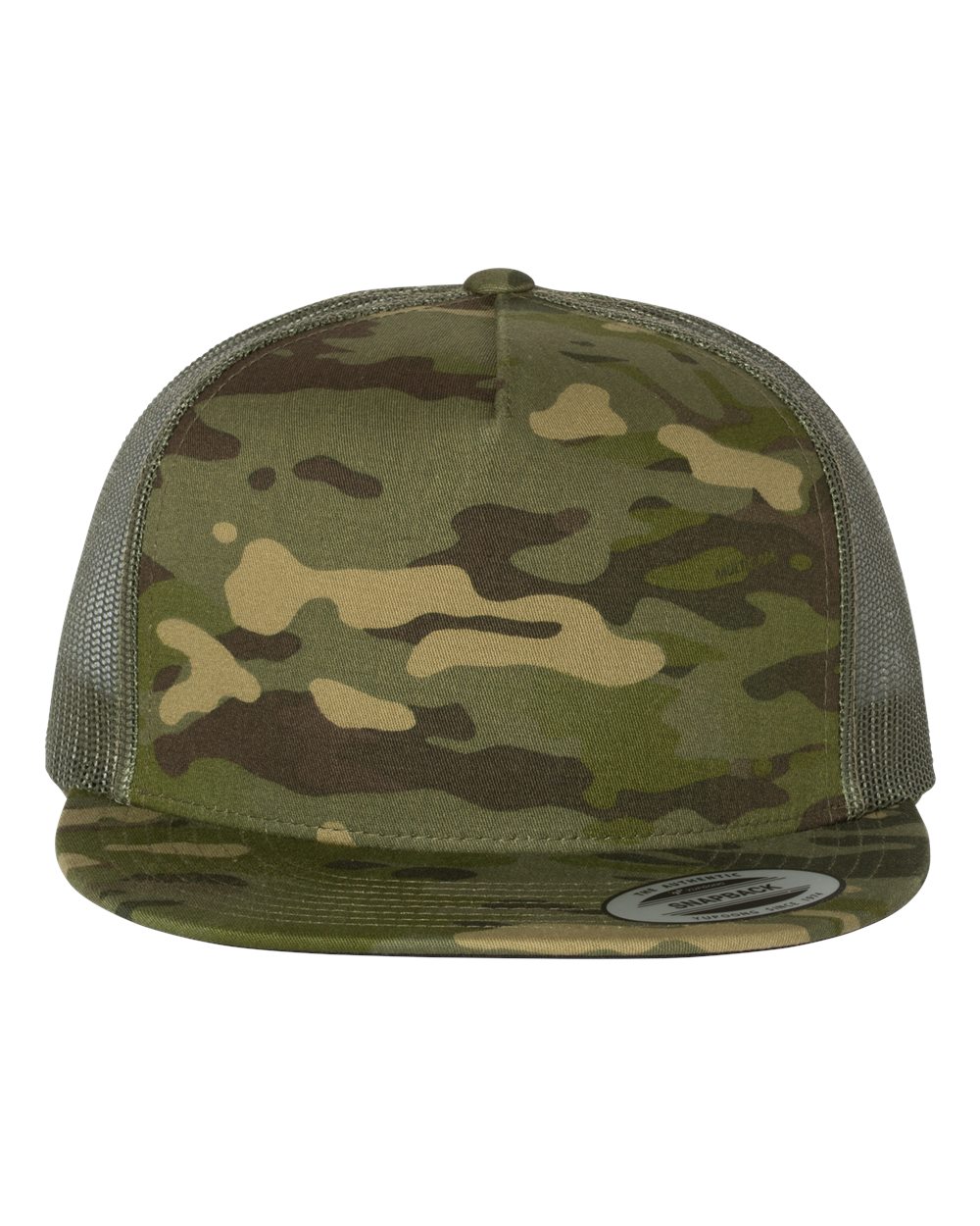 Front View of Multicam Tropic/ Green Five-Panel Classic Trucker Cap - 6006