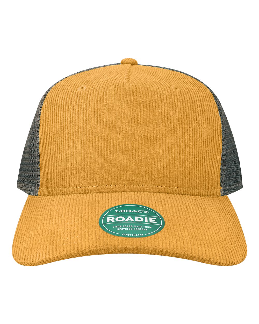 Front View of Mustard Corduroy/ Dark Grey Five-Panel Trucker Cap - ROADIE
