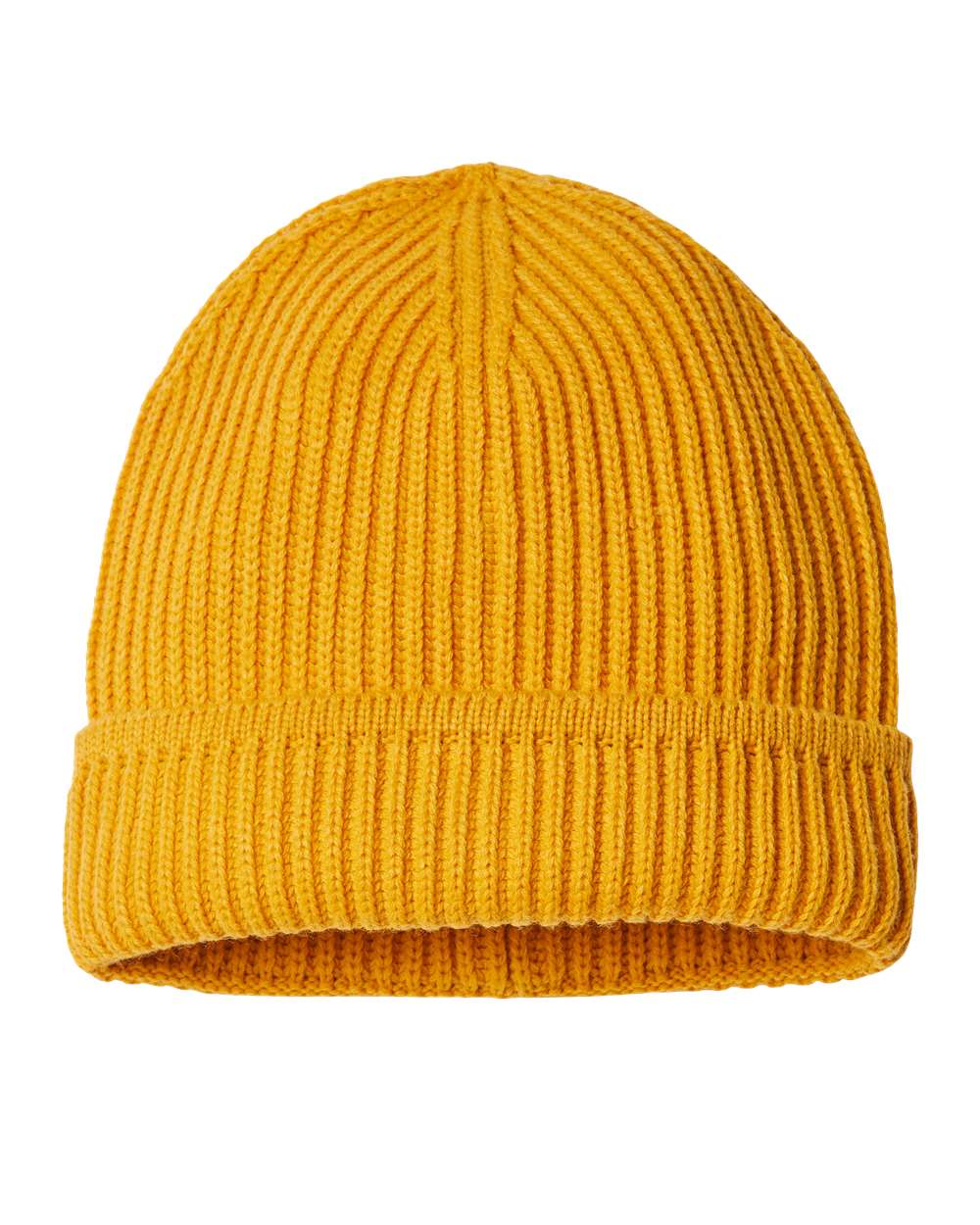 Front View of Mustard Yellow Sustainable Finish Edge Cuffed Beanie - MAPLE