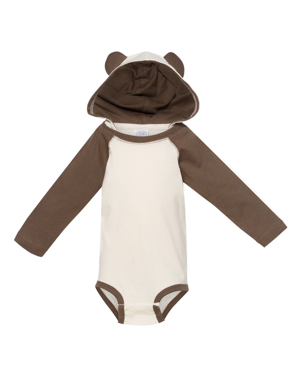 Front View of Natural/ Brown Fine Jersey Infant Character Hooded Long Sleeve Bodysuit with Ears - 4418