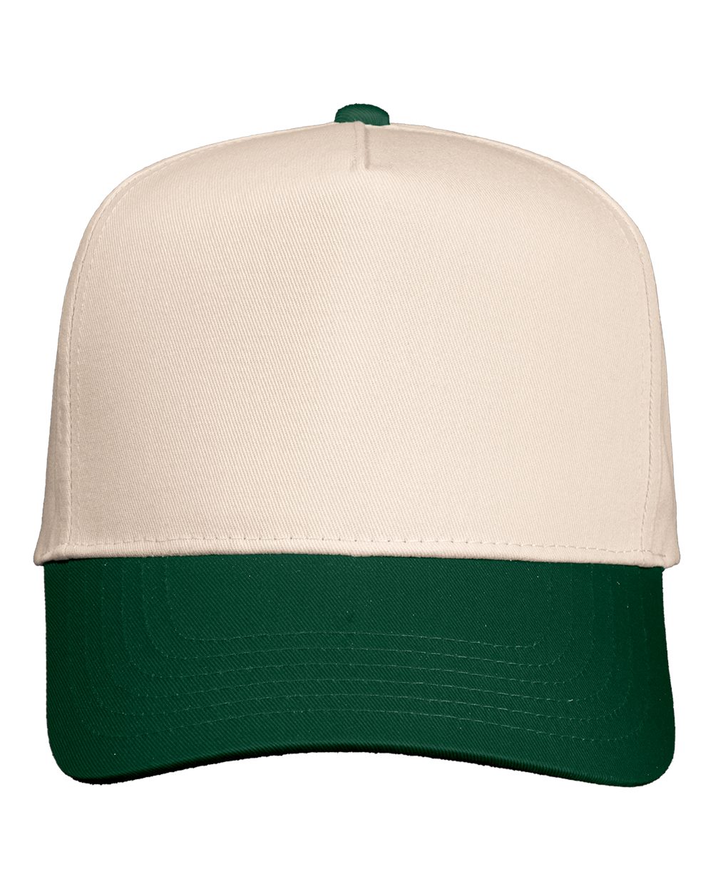 Front View of Natural/ Forest Green Five-Panel Twill Cap - 8869