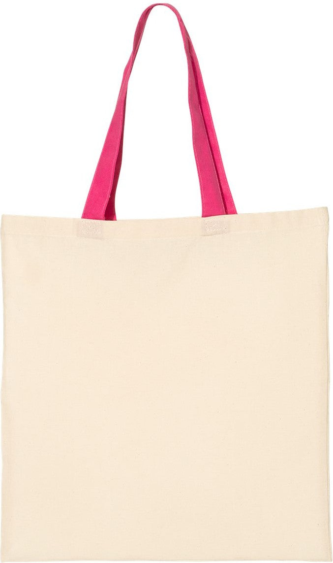 Front View of Natural/ Hot Pink Economical Tote with Contrast-Color Handles - QTB6000