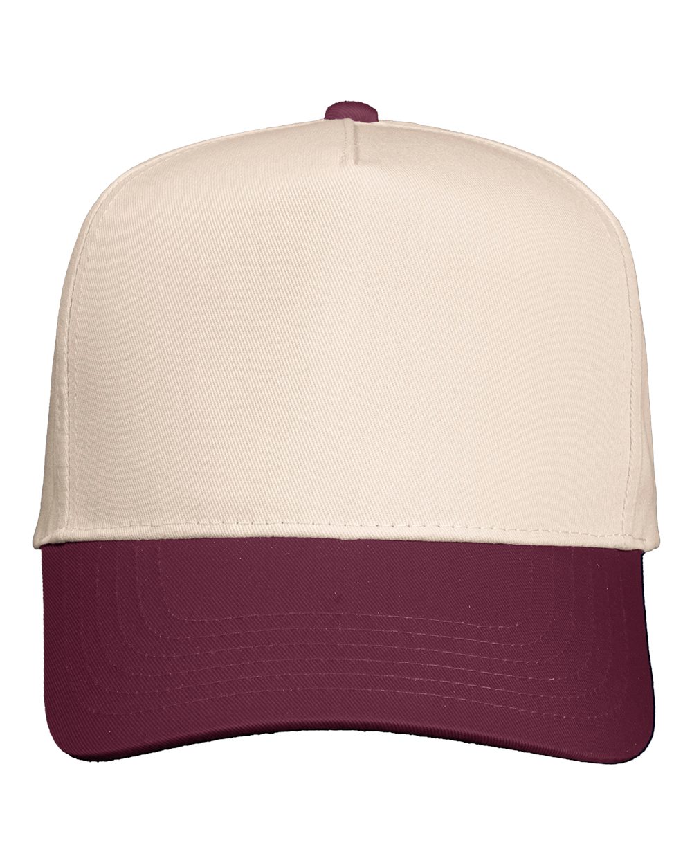 Front View of Natural/ Maroon Five-Panel Twill Cap - 8869